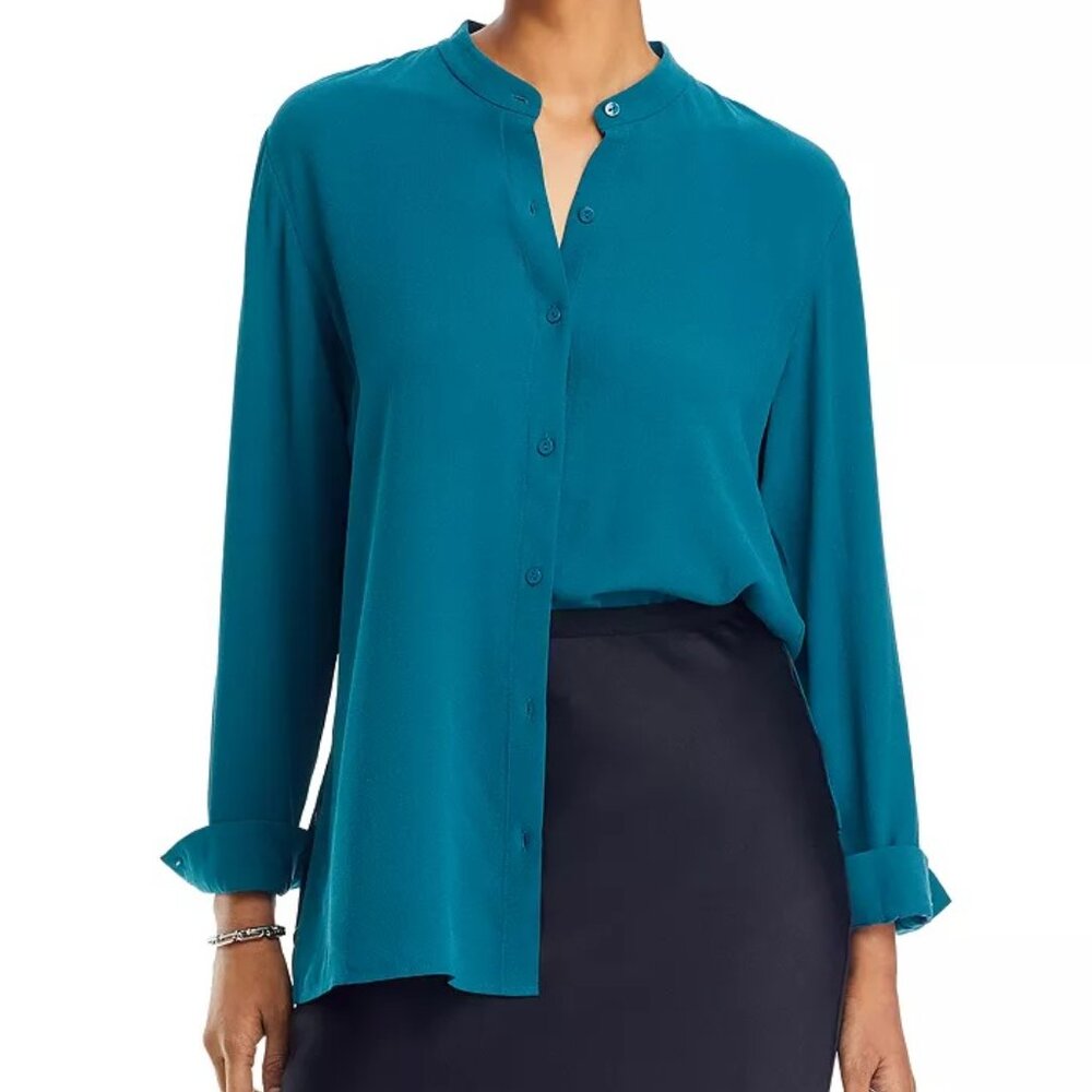 NWT Eileen Fisher Peacock Silk Georgette Crepe Mandarin Collar Shirt